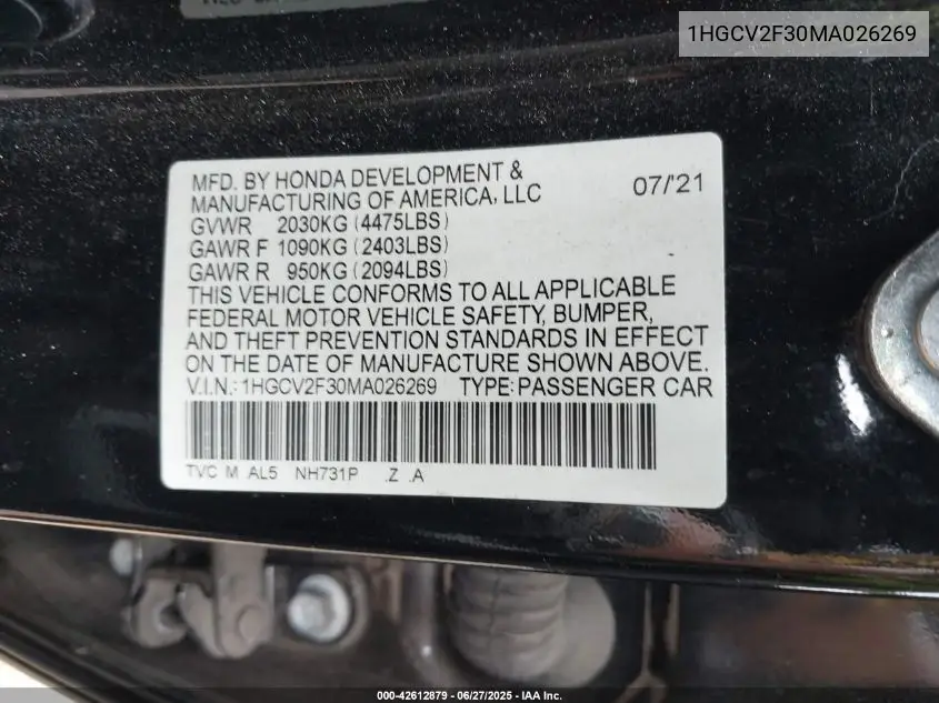 2021 Honda Accord Sport 2.0T VIN: 1HGCV2F30MA026269 Lot: 42612879
