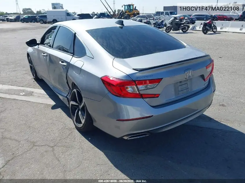 2021 Honda Accord Sport Special Edition VIN: 1HGCV1F47MA022108 Lot: 42616006
