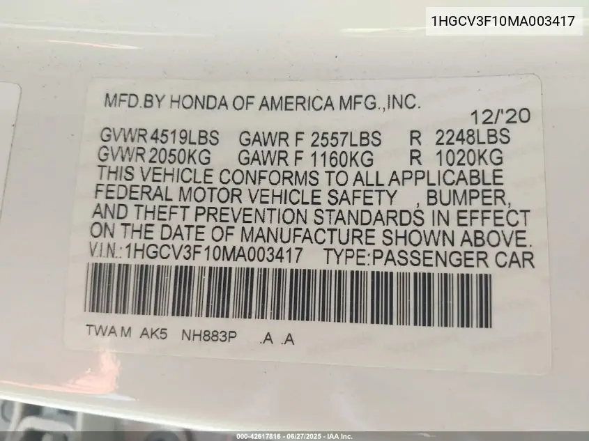 2021 Honda Accord Hybrid VIN: 1HGCV3F10MA003417 Lot: 42617816