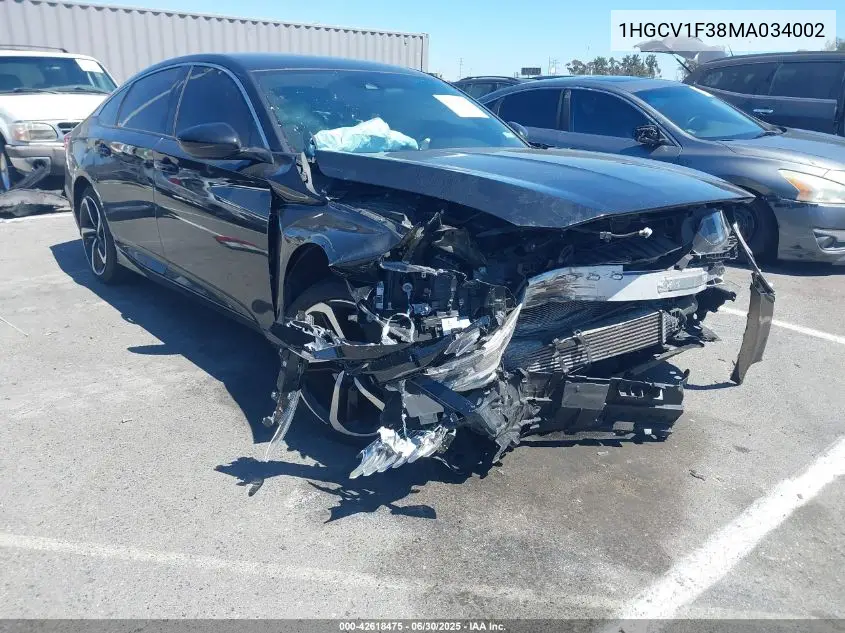 2021 Honda Accord Sport VIN: 1HGCV1F38MA034002 Lot: 42618475