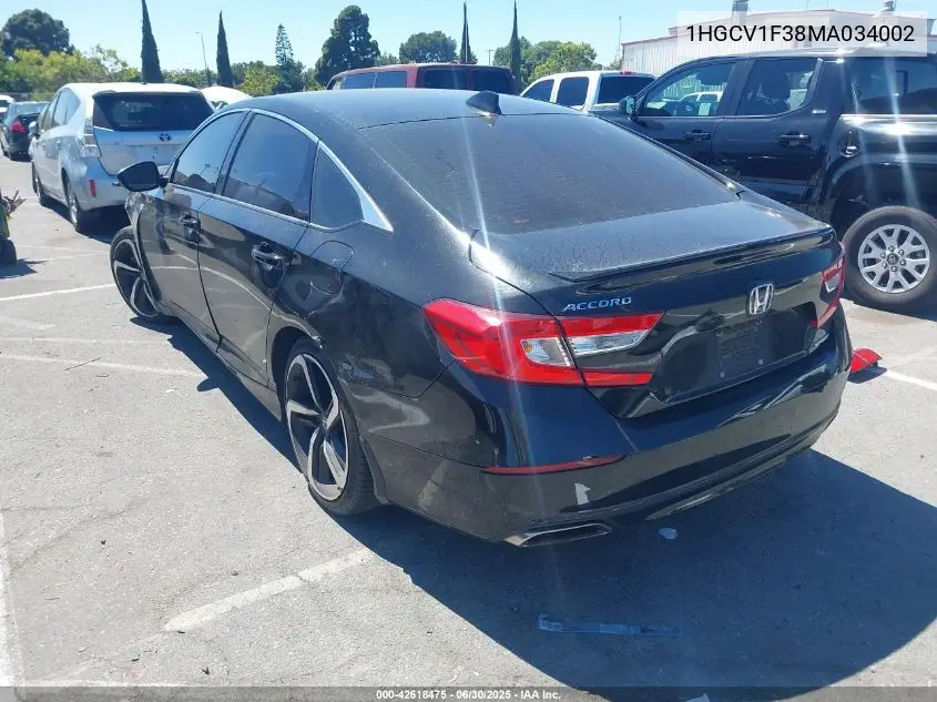 2021 Honda Accord Sport VIN: 1HGCV1F38MA034002 Lot: 42618475