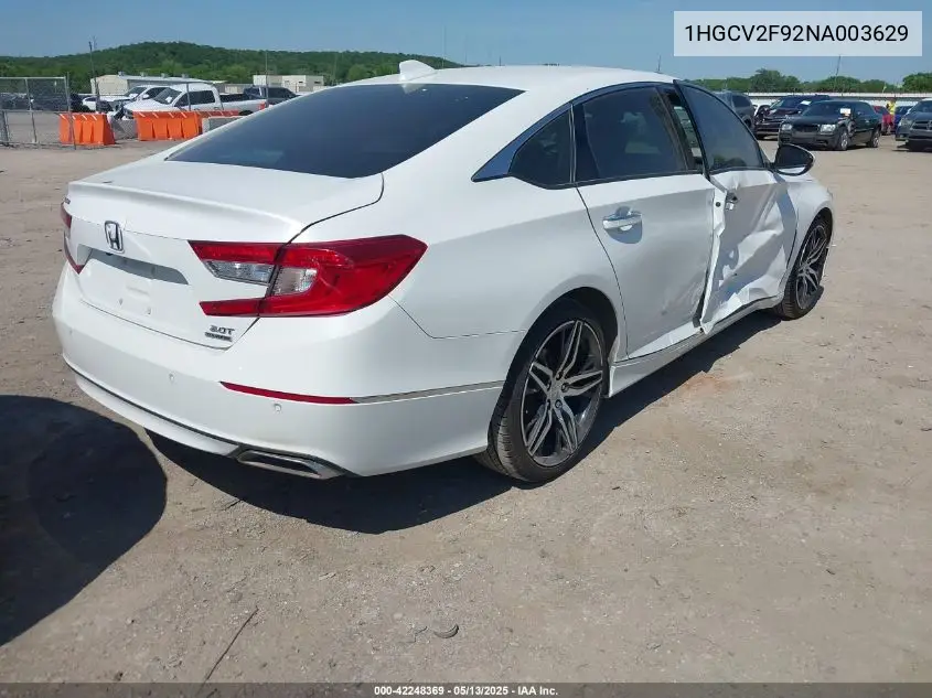 2022 Honda Accord Touring VIN: 1HGCV2F92NA003629 Lot: 42248369
