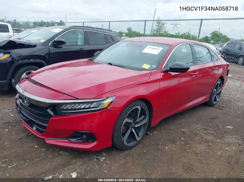 2022 Honda Accord Sport VIN: 1HGCV1F34NA058718 Lot: 42260016