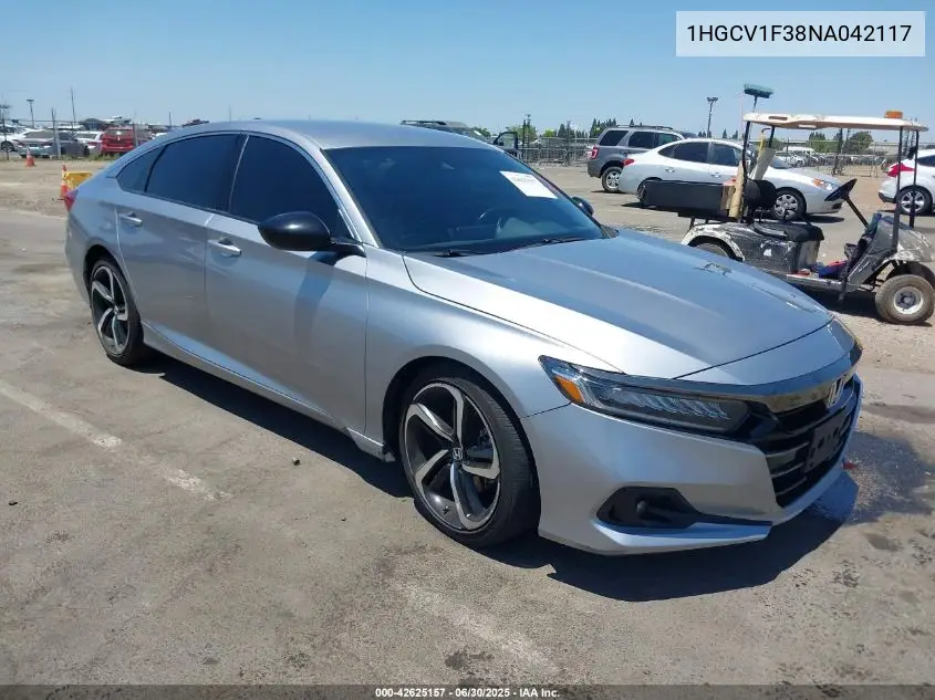 2022 Honda Accord Sport VIN: 1HGCV1F38NA042117 Lot: 42625157