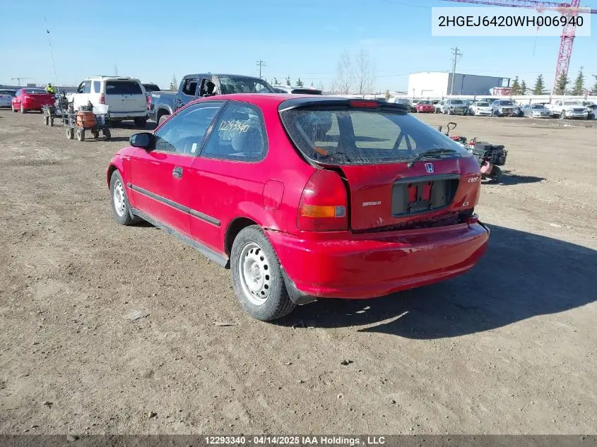 1998 Honda Civic Cx VIN: 2HGEJ6420WH006940 Lot: 12293340