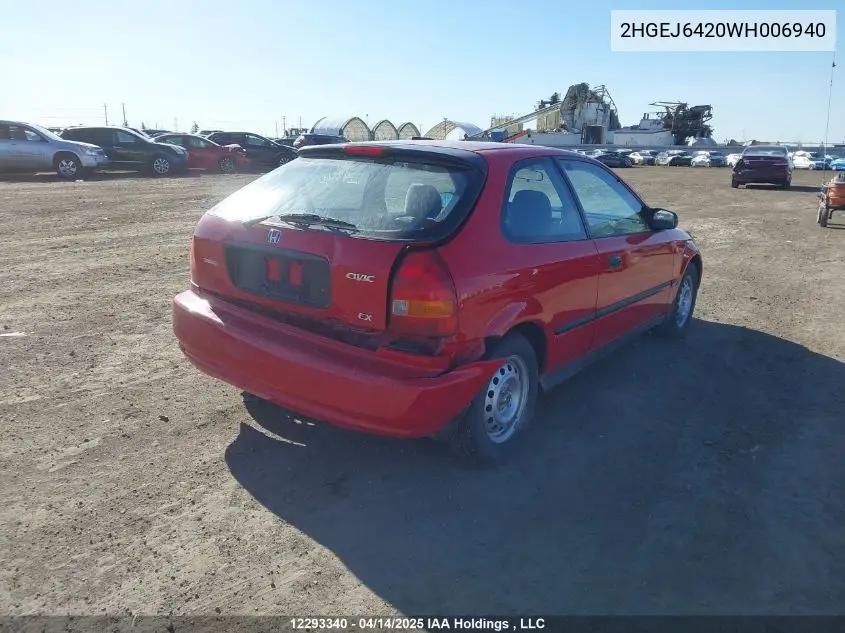 1998 Honda Civic Cx VIN: 2HGEJ6420WH006940 Lot: 12293340