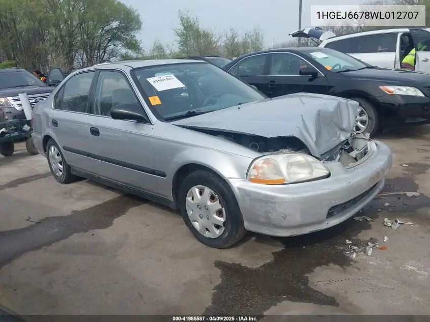 1998 Honda Civic Lx VIN: 1HGEJ6678WL012707 Lot: 41985587