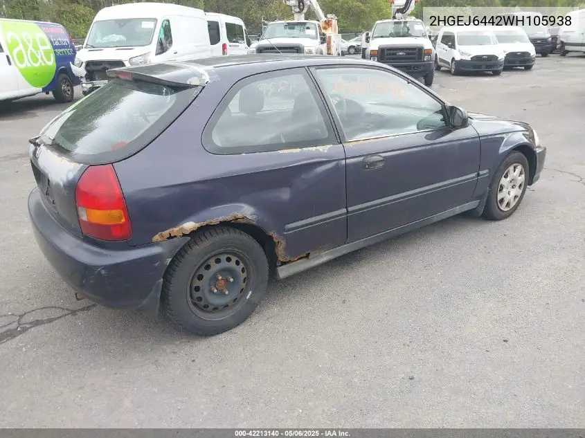 1998 Honda Civic Dx VIN: 2HGEJ6442WH105938 Lot: 42213140