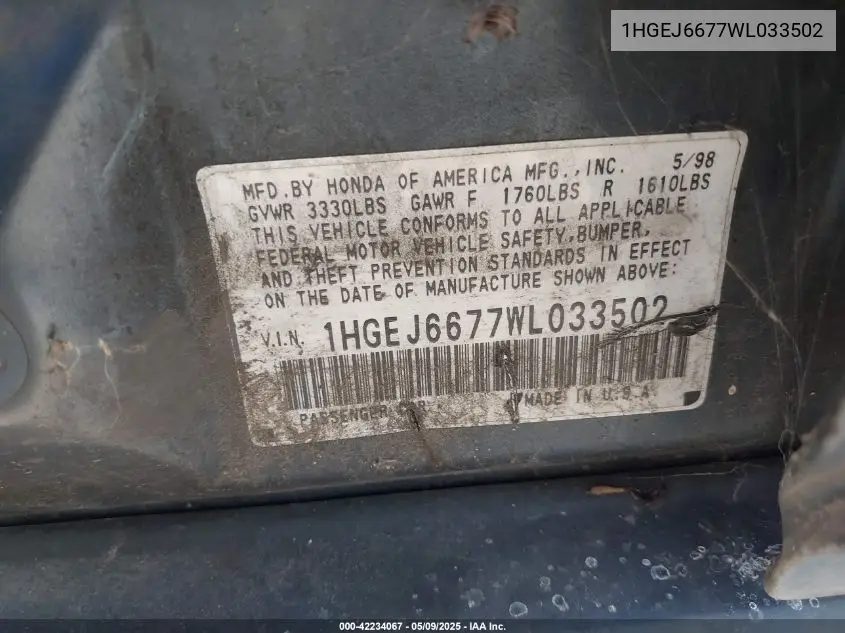 1998 Honda Civic Lx VIN: 1HGEJ6677WL033502 Lot: 42234067