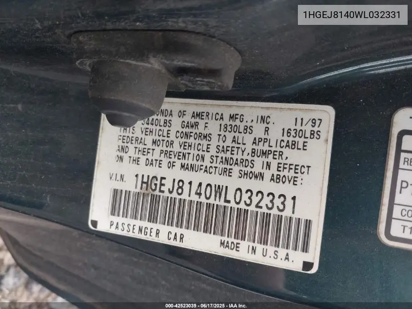 1998 Honda Civic Ex VIN: 1HGEJ8140WL032331 Lot: 42523039
