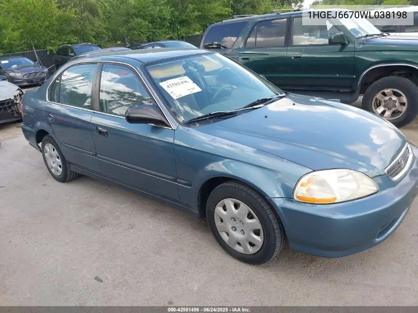 1998 Honda Civic Lx VIN: 1HGEJ6670WL038198 Lot: 42581496