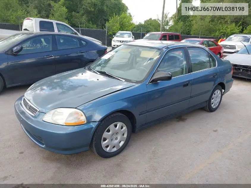 1998 Honda Civic Lx VIN: 1HGEJ6670WL038198 Lot: 42581496