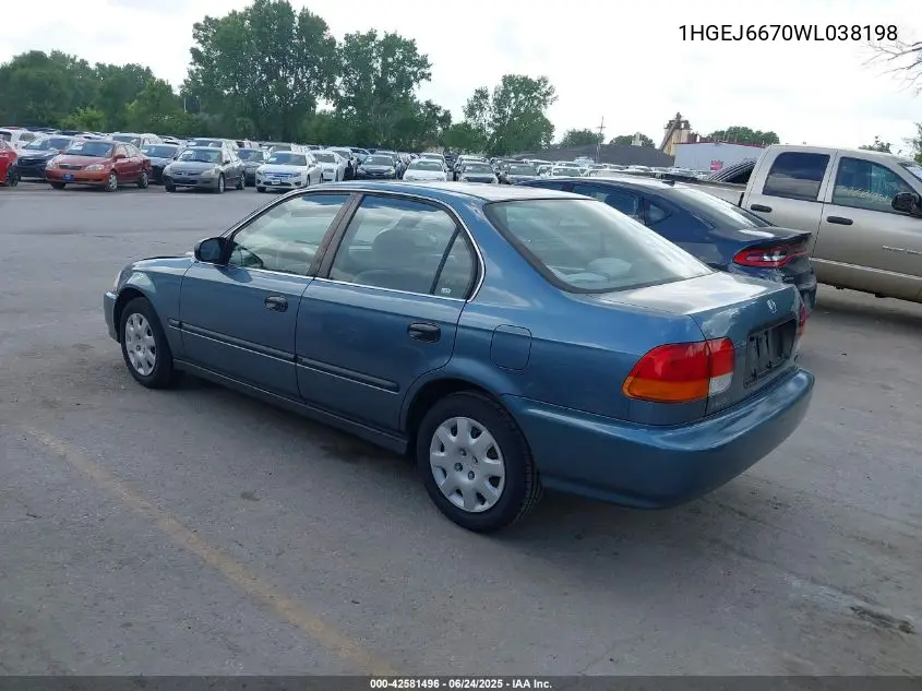 1998 Honda Civic Lx VIN: 1HGEJ6670WL038198 Lot: 42581496