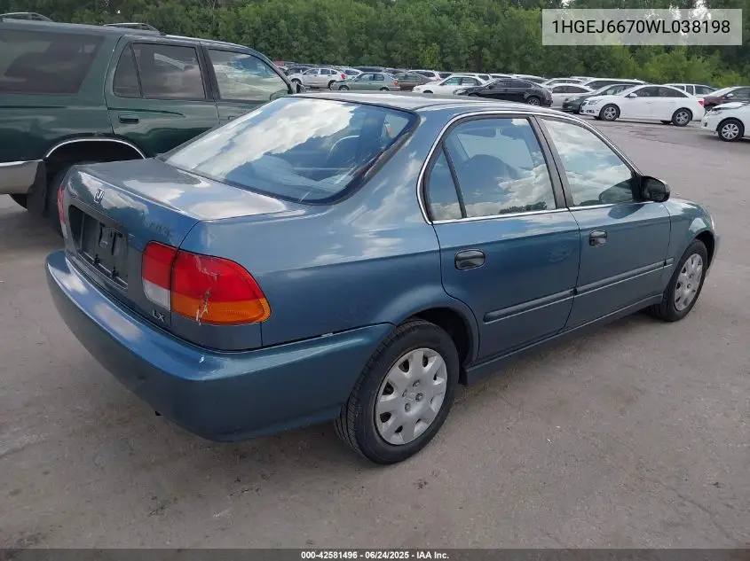 1998 Honda Civic Lx VIN: 1HGEJ6670WL038198 Lot: 42581496