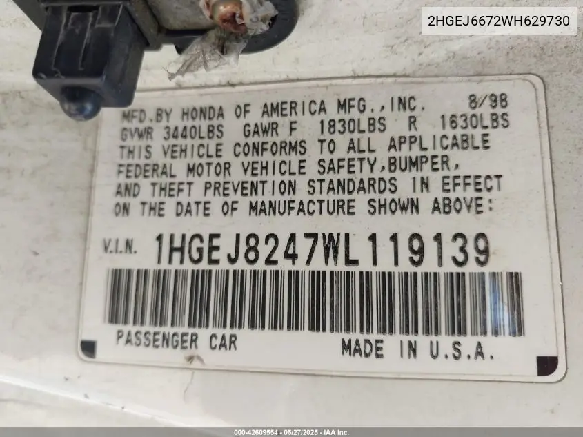 1998 Honda Civic Lx VIN: 2HGEJ6672WH629730 Lot: 42609554