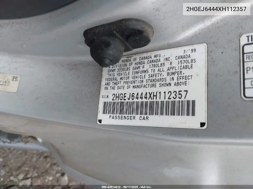 1999 Honda Civic Dx VIN: 2HGEJ6444XH112357 Lot: 42514410
