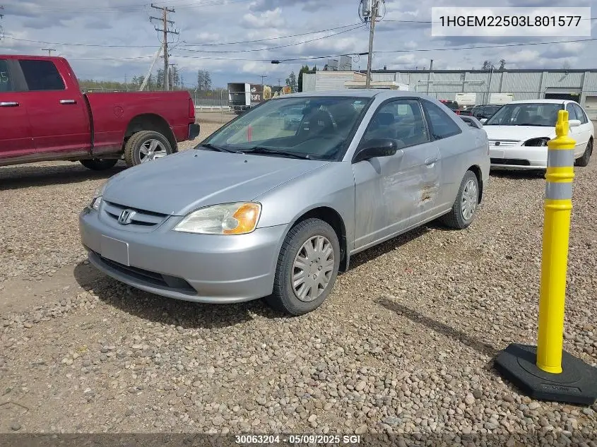2003 Honda Civic Lx VIN: 1HGEM22503L801577 Lot: 30063204