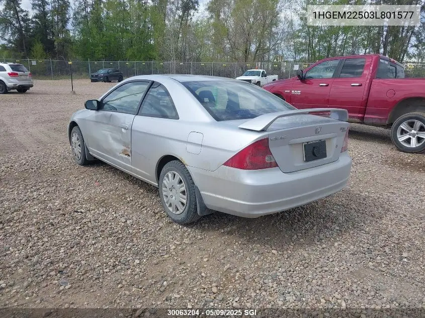 2003 Honda Civic Lx VIN: 1HGEM22503L801577 Lot: 30063204