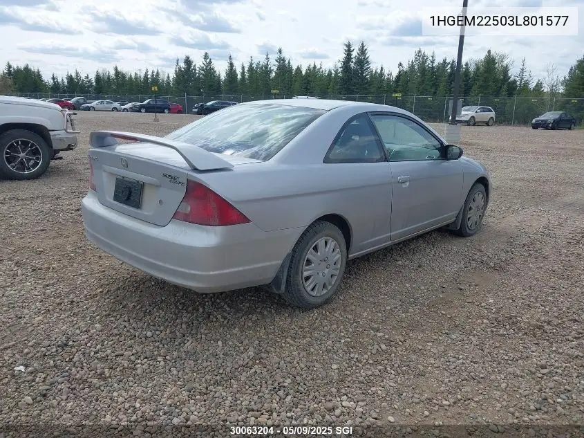2003 Honda Civic Lx VIN: 1HGEM22503L801577 Lot: 30063204