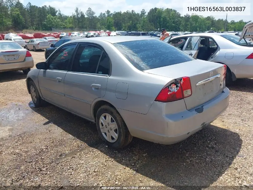 2003 Honda Civic Lx VIN: 1HGES16563L003837 Lot: 41887191