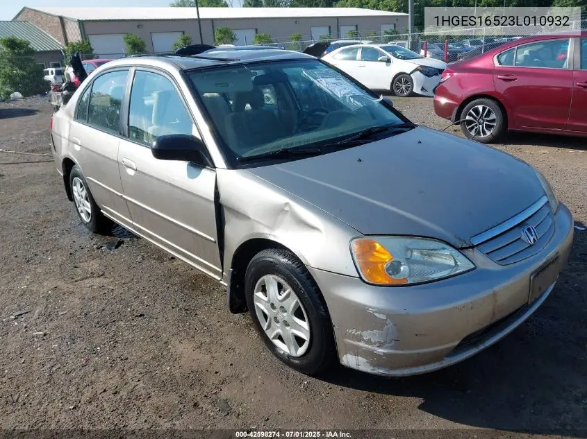 2003 Honda Civic Lx VIN: 1HGES16523L010932 Lot: 42598274