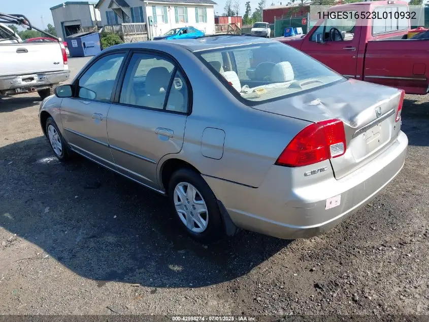 2003 Honda Civic Lx VIN: 1HGES16523L010932 Lot: 42598274