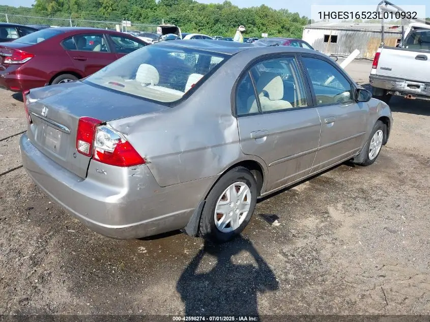 2003 Honda Civic Lx VIN: 1HGES16523L010932 Lot: 42598274