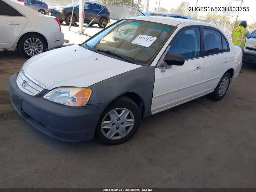 2003 Honda Civic Lx VIN: 2HGES165X3H503755 Lot: 42638123