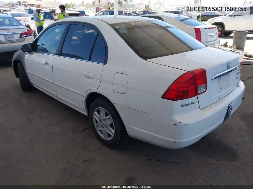 2003 Honda Civic Lx VIN: 2HGES165X3H503755 Lot: 42638123