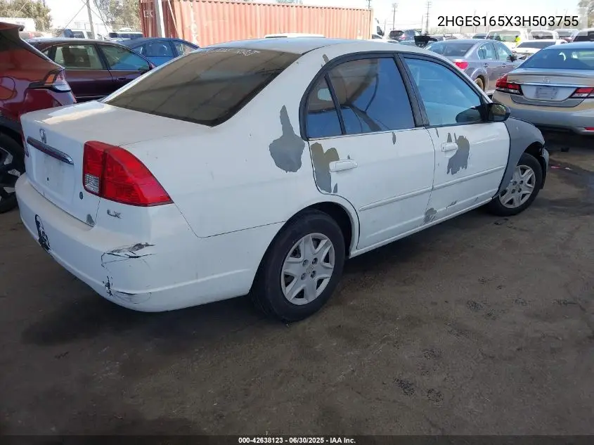2003 Honda Civic Lx VIN: 2HGES165X3H503755 Lot: 42638123