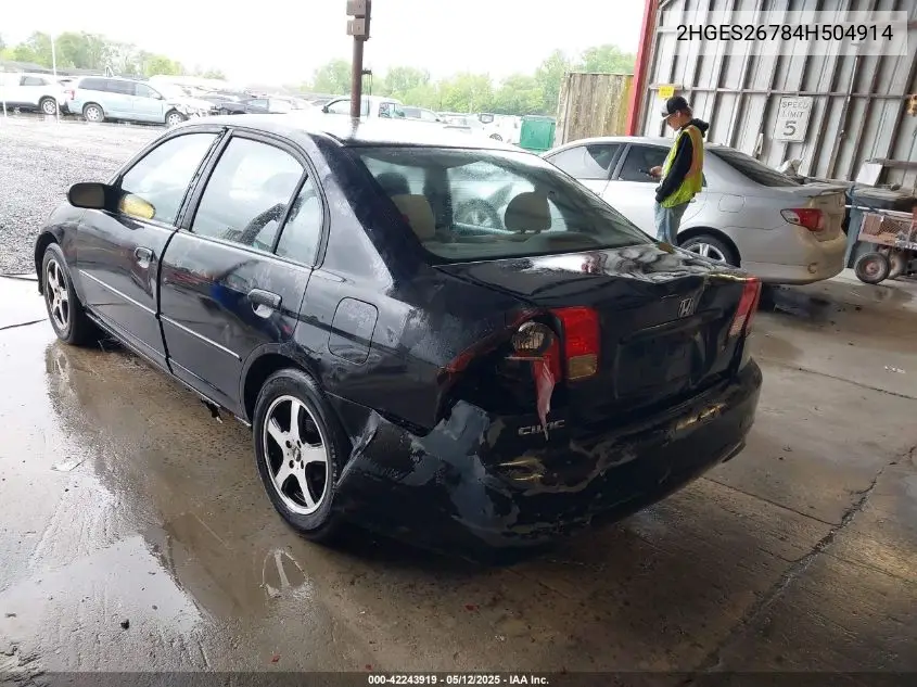 2004 Honda Civic Ex VIN: 2HGES26784H504914 Lot: 42243919
