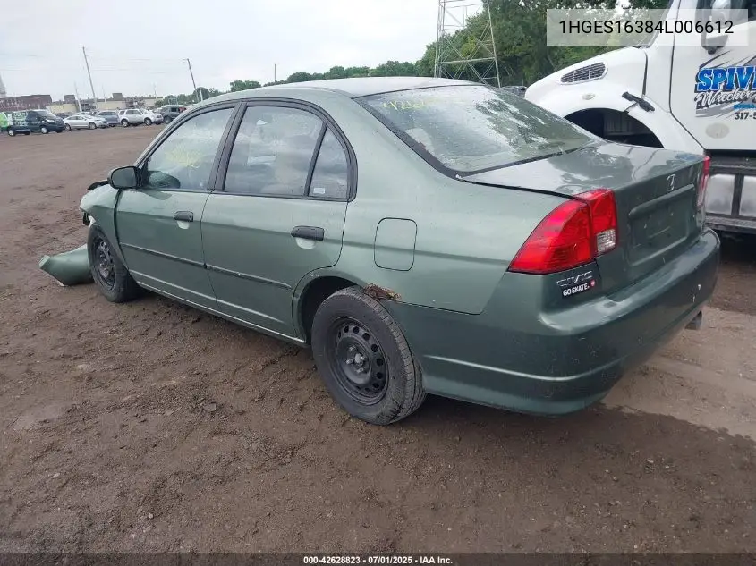 2004 Honda Civic Vp VIN: 1HGES16384L006612 Lot: 42628823
