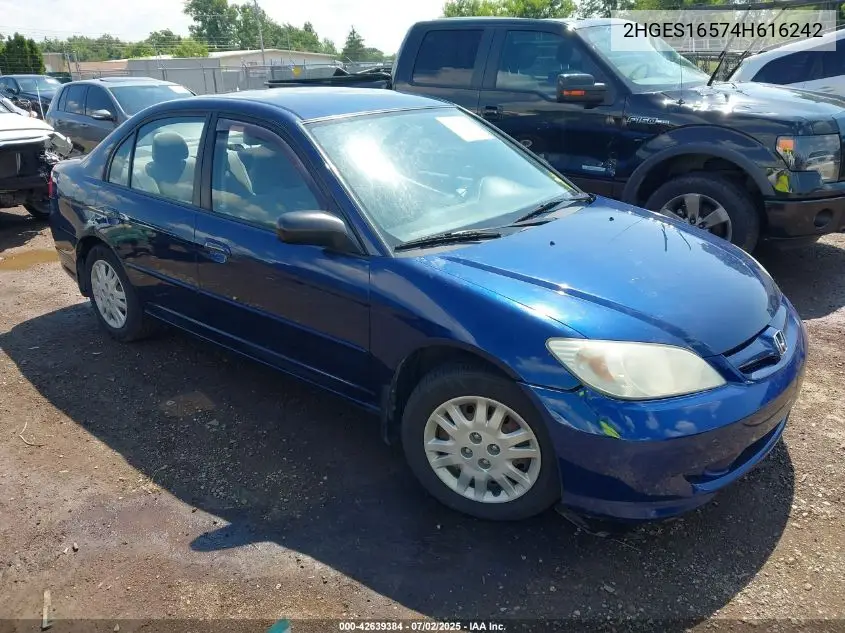2004 Honda Civic Lx VIN: 2HGES16574H616242 Lot: 42639384