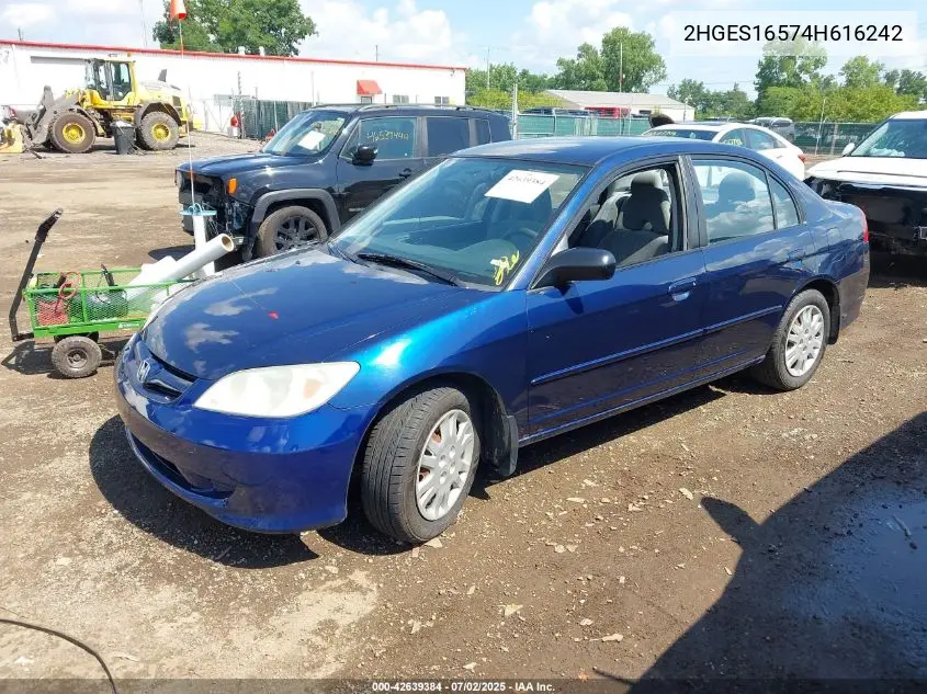 2004 Honda Civic Lx VIN: 2HGES16574H616242 Lot: 42639384