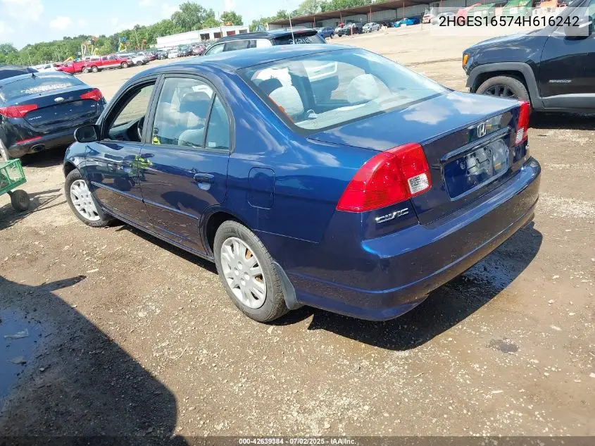 2004 Honda Civic Lx VIN: 2HGES16574H616242 Lot: 42639384