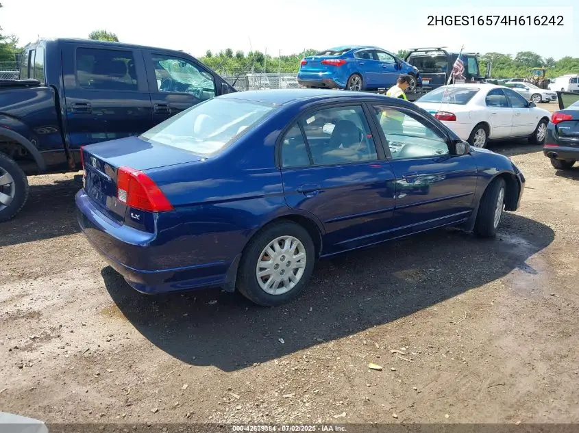 2004 Honda Civic Lx VIN: 2HGES16574H616242 Lot: 42639384
