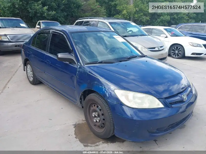2004 Honda Civic Lx VIN: 2HGES16574H577524 Lot: 42649532