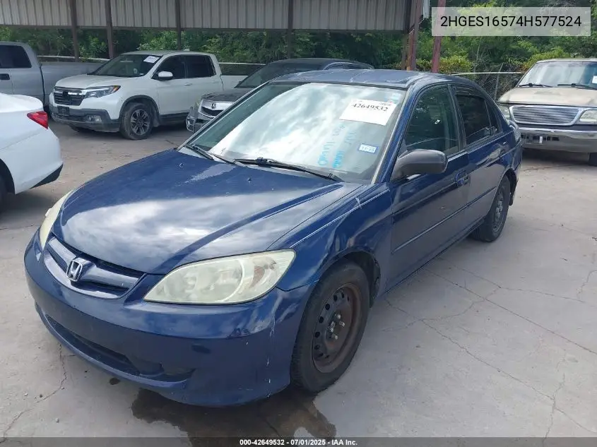 2004 Honda Civic Lx VIN: 2HGES16574H577524 Lot: 42649532