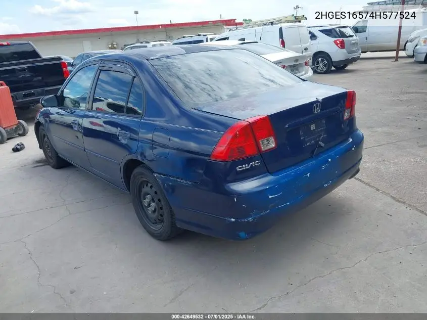 2004 Honda Civic Lx VIN: 2HGES16574H577524 Lot: 42649532