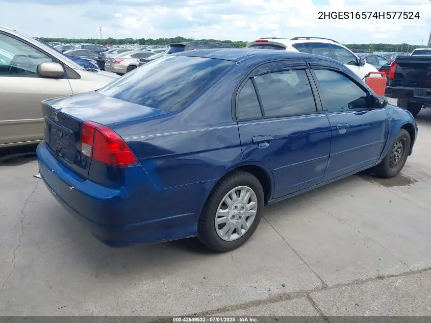 2004 Honda Civic Lx VIN: 2HGES16574H577524 Lot: 42649532