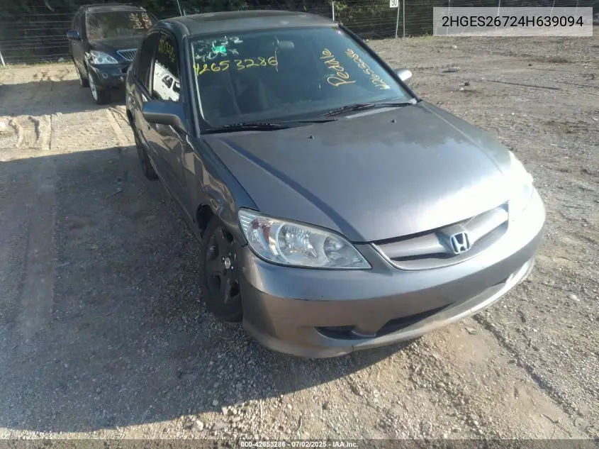 2004 Honda Civic Ex VIN: 2HGES26724H639094 Lot: 42653286