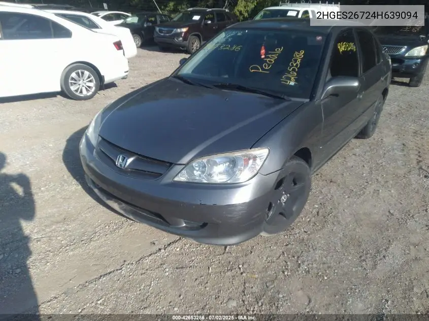 2004 Honda Civic Ex VIN: 2HGES26724H639094 Lot: 42653286