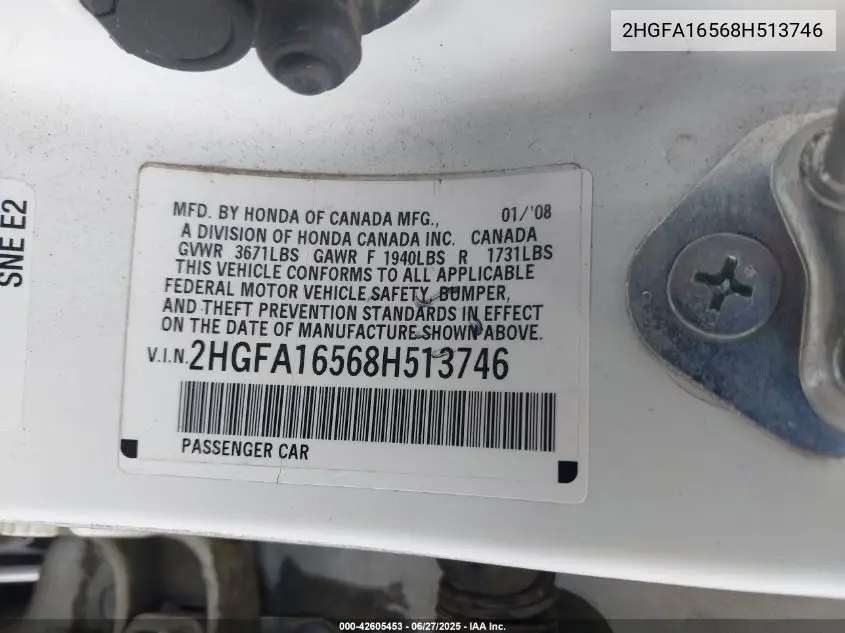 2008 Honda Civic Lx VIN: 2HGFA16568H513746 Lot: 42605453