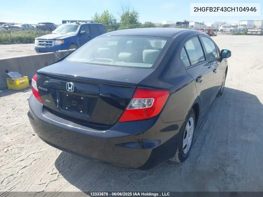 2012 Honda Civic Lx VIN: 2HGFB2F43CH104946 Lot: 12333678