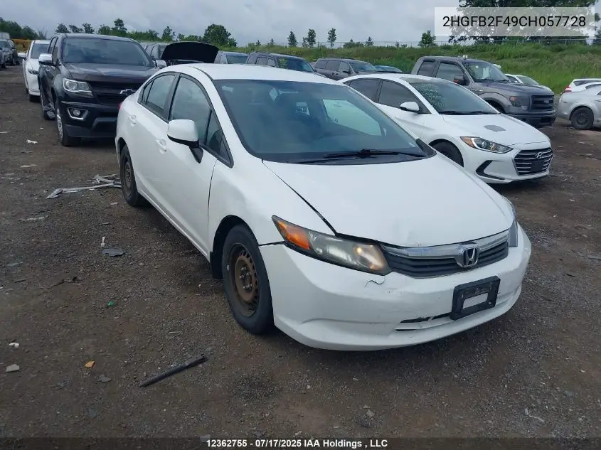 2012 Honda Civic Lx VIN: 2HGFB2F49CH057728 Lot: 12362755