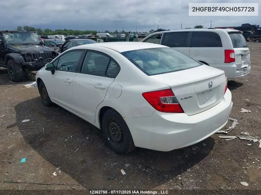 2012 Honda Civic Lx VIN: 2HGFB2F49CH057728 Lot: 12362755