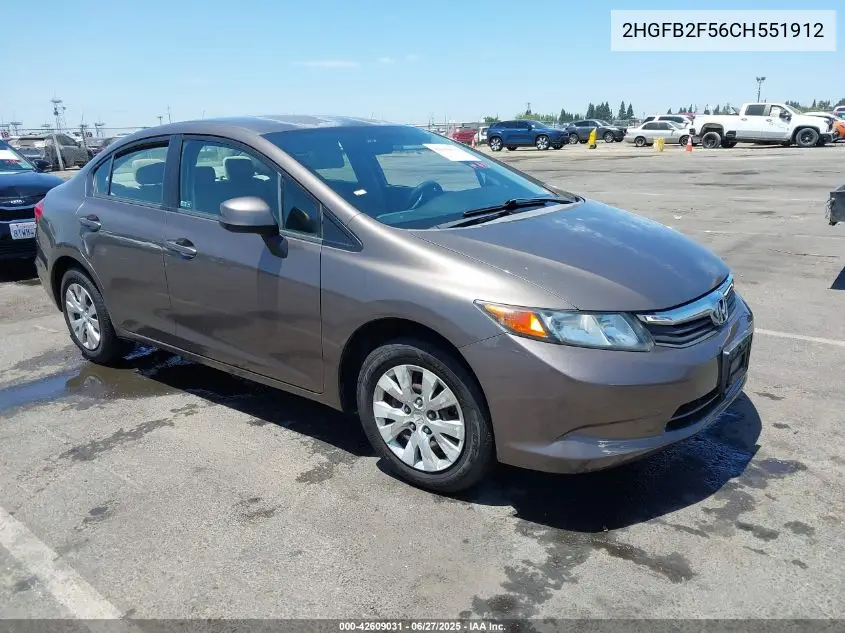 2012 Honda Civic Lx VIN: 2HGFB2F56CH551912 Lot: 42609031
