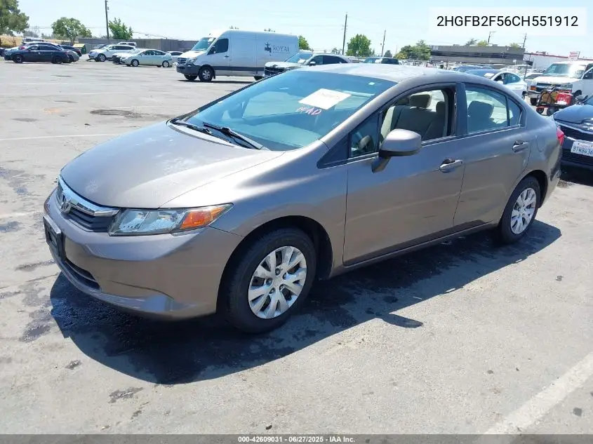 2012 Honda Civic Lx VIN: 2HGFB2F56CH551912 Lot: 42609031