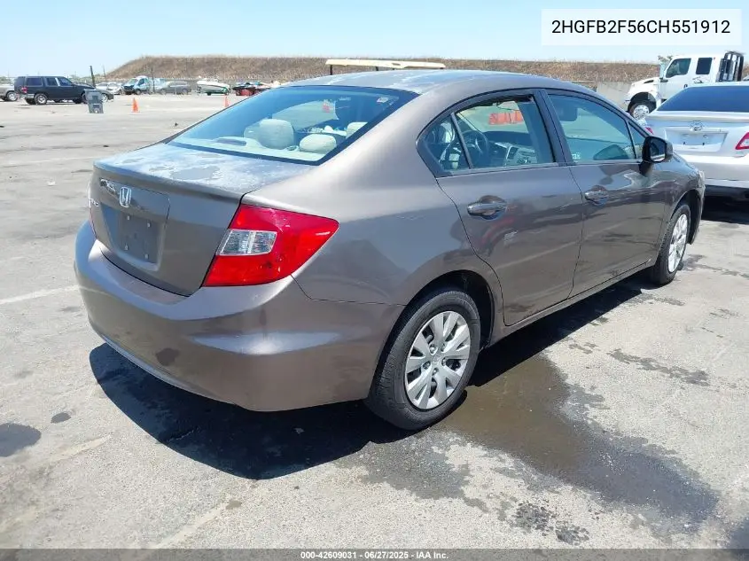 2012 Honda Civic Lx VIN: 2HGFB2F56CH551912 Lot: 42609031