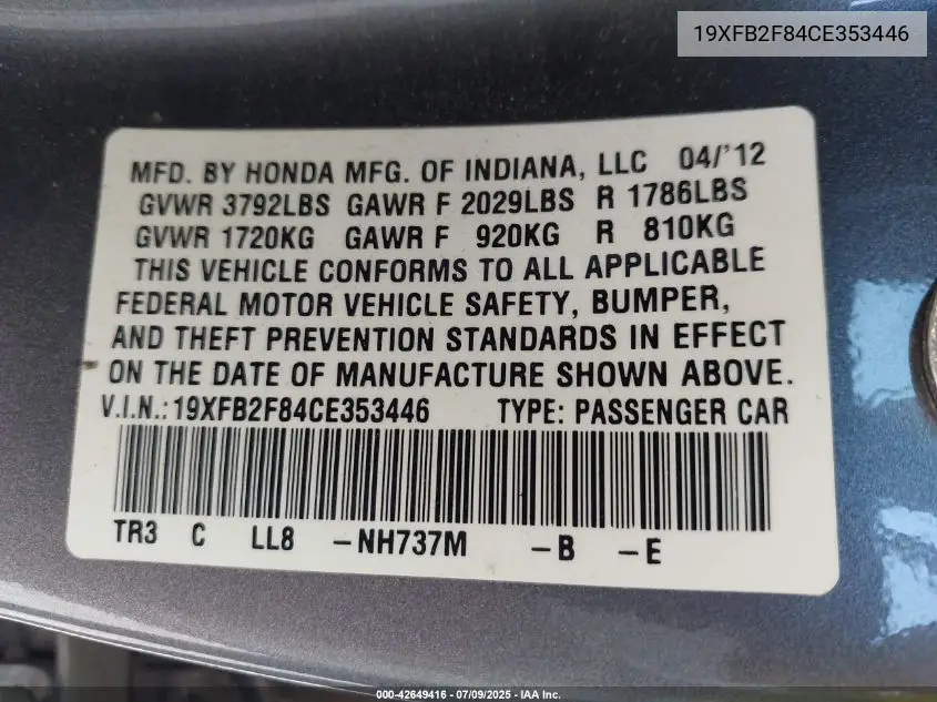2012 Honda Civic Ex VIN: 19XFB2F84CE353446 Lot: 42649416